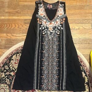 Johnny Was Embroidered Black Dress with Orange Floral Accents